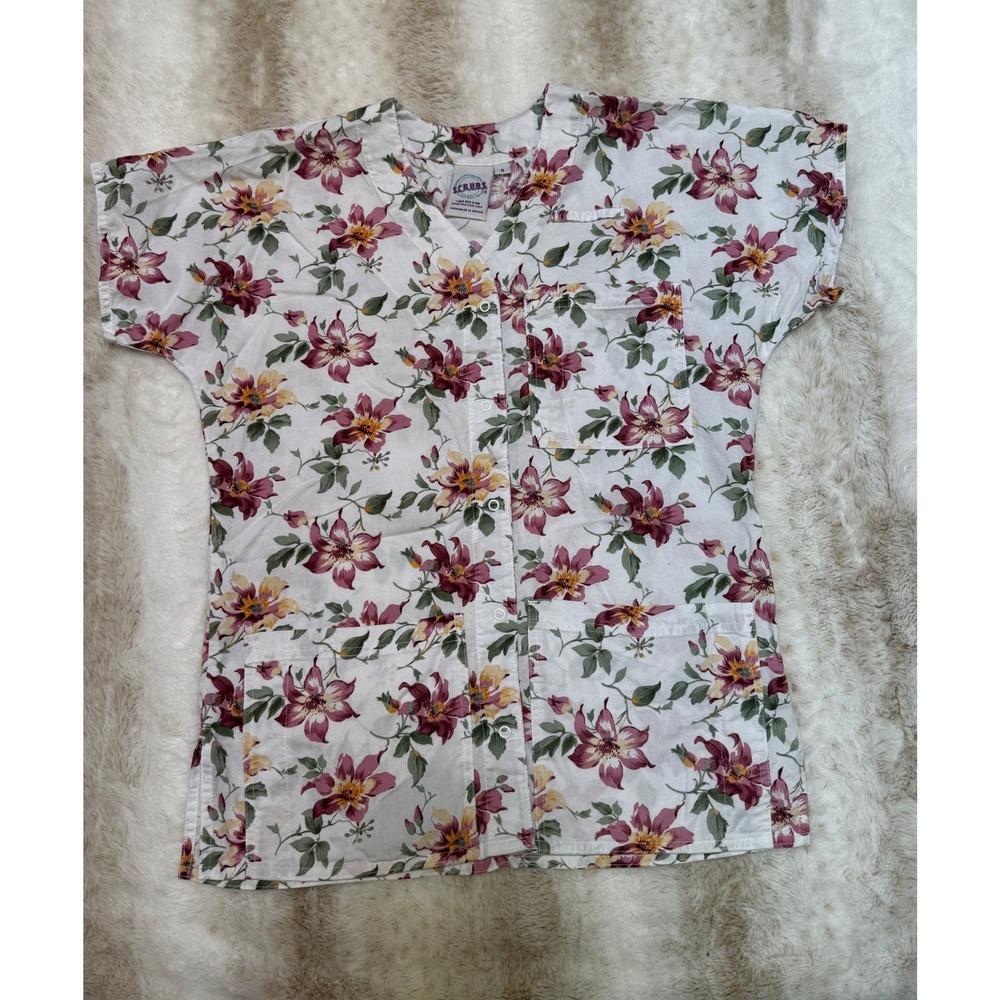 S.C.R.U.B.S. Floral Scrub Top Womens Small White Excellent Snap Front Pockets